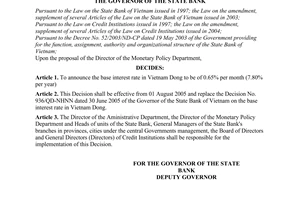 Decision No. 1103/QD-NHNN of July 28, 2005, on the base interest rate in Vietnam Dong