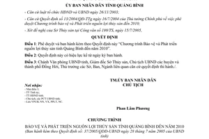 Quyết định 37/2005/QĐ-UBND Chương trình Bảo vệ Phát triển nguồn lợi thủy sản Quảng Bình đến 2010