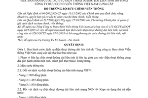 Quyết định 25/2005/QĐ-BBCVT cước dịch vụ điện thoại đường dài liên tỉnh do tổng công ty bưu chính - viễn thông việt nam cung cấp