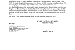 Công văn 4269/VPCP-CN hướng dẫn hính thức mua sắm trực tiếp cho gói thầu cùng loại thuộc Dự án khác