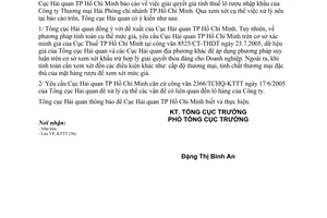 Công văn 3199 TCHQ-KTTT  giải quyết giá tính thuế lô rượu nhập khẩu của Công ty Thương mại Hải Phòng chi nhánh TP.Hồ Chí Minh.