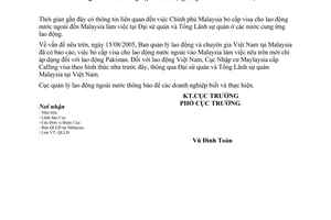 Công văn 915/QLLĐNN-QLLĐ visa cho lao động nước ngoài váo Malaysia lam việc