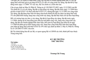 Công văn 10753/BTC-TCT áp dụng thuế suất thuế giá trị gia tăng (GTGT) 5% công trình xây dựng, lắp đặt đã ký hợp đồng trước ngày 1/1/2004