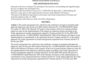 Decision No. 55/2005/QD-BTC of August 04, 2005 stipulating the import tax rates for textiles and garments originated from Australia