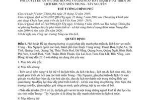 Quyết định 194/2005/QĐ-TTg đề án phương hướng giải pháp đẩy mạnh phát triển du lịch khu vực miền trung - tây nguyên