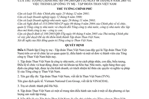 Quyết định 199/2005/QĐ_TTg thành lập công ty mẹ tập đoàn than Việt Nam