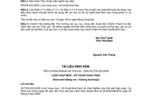 Quyết định 25/2005/QĐ-BTS Tiêu chuẩn cấp ngành 28TCN 223:2005: Lưới chụp mực - Kỹ thuật khai thác