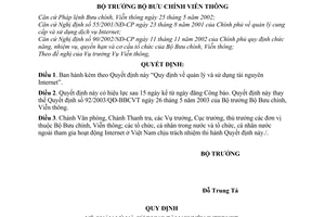 Quyết định 27/2005/QĐ-BBCVT quản lý sử dụng tài nguyên Internet