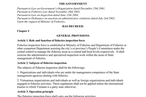 Decree No. 107/2005/ND-CP of August 17, 2005, regarding the organization and operation of Fisheries Inspection Force