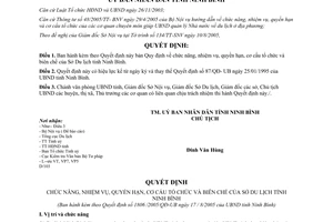 Quyết định 1806/2005/QĐ-UBND nhiệm vụ quyền hạn cơ cấu tổ chức biên chế Sở Du lịch Ninh Bình