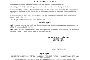 Quyết định 2833/2005/QĐ-UBND khai thác tài liệu lưu trữ tại Phòng Văn thư Lưu trữ  Bến Tre