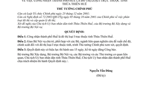Quyết định 209/2005/QĐ-TTg công nhận thành phố huế là đô thị loại I thuộc Thừa thiên huế