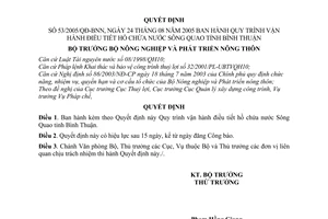Quyết định 53/2005/QĐ-BNN Quy trình vận hành điều tiết hồ chứa nước Sông Quao tỉnh Bình Thuận