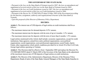 Decision No. 1247/2005/QD-NHNN of August 26, 2005, on the adjustment of the maximum interest rate of US$ deposits of legal entities at credit institutions