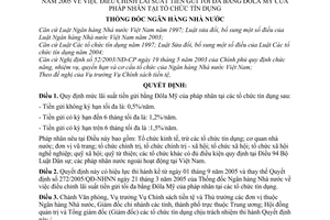 Quyết định 1247/2005/QĐ-NHNN điều chỉnh lãi suất tiền gửi tối đa bằng đô la Mỹ pháp nhân tại tổ chức tín dụng