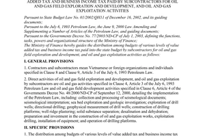 Circular No. 68/2005/TT-BTC of August 19, 2005 guiding the distribution among budgets of various levels of value added tax and business income tax paid by subcontractors for oil and gas field exploration and development, and oil and gas exploitation activities