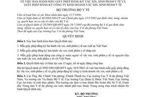 Quyết định 22/2005/QĐ-BYT mẫu giấy phép đăng ký vắc xin sinh phẩm y tế công ty kinh doanh