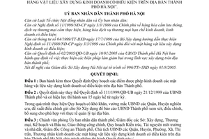 Quyết định 133/2005/QĐ-UB Quy hoạch điểm được phép kinh doanh vật liệu xây dựng kinh doanh có điều kiện trên địa bàn Hà Nội