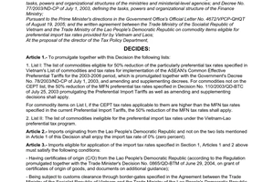 Decision No. 60/2005/QD-BTC, on import tax rates applicable to import goods of Lao origin, promulgated by the Ministry of Finance.