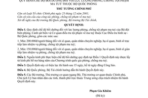 quyết định 215/2005/QĐ-TTG chế độ bồi dưỡng lực lượng phòng, chống tội phạm ma tuý thuộc bộ quốc phòng