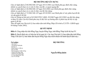 Quyết định 1662/2005/QĐ-BXD công nhận thị trấn Hồng Ngự là đô thị loại 4