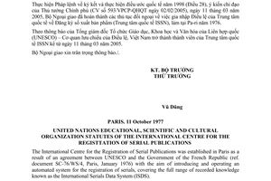 Công văn 2678/CV-NG-LPQT thông báo ngày Việt Nam trở thành viên Trung tâm quốc tế Đăng ký số xuất bản phẩm (ISSN)