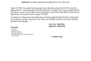 Công văn 1079/QLLĐNN-QLLĐ  Bệnh viện Tràng An được phía Đài Loan cấp phép khám sức khỏe cho lao động đi