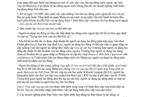 Công văn 1107/QLLĐNN-TTLĐ cấp visa cho lao động nước ngoài vào làm việc tại Malaysia