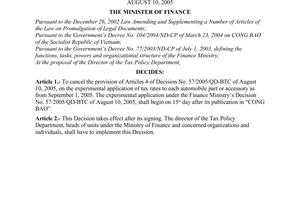 Decision No. 2999/QD-BTC of September 1, 2005 on correction of the finance ministers decision no. 57/2005/QD-BTC of August 10, 2005
