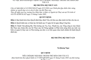 Quyết định 27/2005/QĐ-BTS Tiêu chí khu neo đậu tránh trú bão cho tàu cá