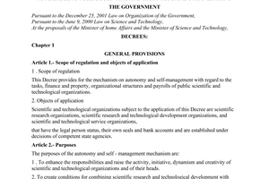 Decree of Government No. 115/2005/ND-CP of September 5th, 2005, Providing for the autonomy and self - management mechanism applicable to public scientific and technological organizations