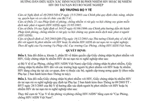 Quyết định 24/2005/QĐ-BYT điều kiện xác định phơi nhiễm HIV  nhiễm HIV do tai nạn rủi ro nghề nghiệp