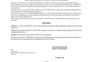 Decision No. 2314/QD-BKHCN on the decentralization of issuing authority over