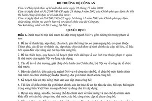 Quyết định 1255/2005/QĐ-BCA danh mục bí mật nhà nước độ Mật ngành Nội vụ