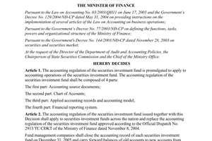 Decision No. 63/2005/QD-BTC promulgating the accounting regulation of the securities investment fund