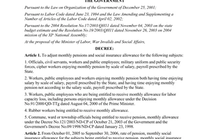 Decree No. 117/2005/ND-CP on the adjustment of pensions and social insurance