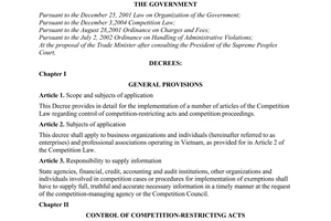 Decree No. 116/2005/ND-CP of September 15th, 2005, detailing the implementation of a number of articles of the Competition Law.