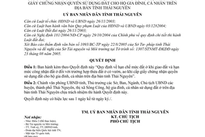 Quyết định 1883/2005/QĐ-UBND hạn mức đất ở khi giao đất hạn mức công nhận đất ở Trường hợp thửa đất ở có vườn, aoTỉnh Thái Nguyên