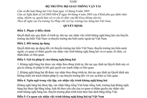 Quyết định 41/2005/QĐ-BGTVT trình tự, thủ tục xác nhận việc trình kháng nghị hàng hải tại Việt Nam