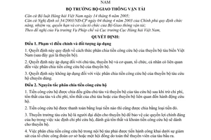 Quyết định 43/2005/QĐ-BGTVT cách thức phân chia tiền công cứu hộ của thuyền bộ tàu biển Việt Nam