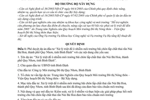 Quyết định 1796/QĐ-BXD dự án đầu tư Xử lý triệt để ô nhiễm môi trường bãi chôn lấp chất thải rắn Núi Bà Hoả thành phố Quy Nhơn tỉnh Bình Định