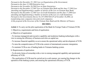 Decision No. 230/2005/QD-TTg of September 21st, 2005, on the pilot equitization of the bank for foreign trade of Vienam.