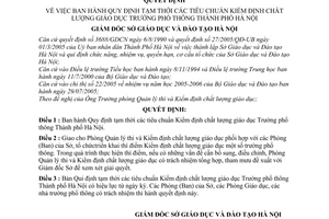 Quyết định 1775/2005/QĐ-SGDĐT Quy định tạm thời tiêu chuẩn Kiểm định chất lượng giáo dục Trường phổ thông Hà Nội