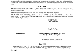 Quyết định 31/2005/QĐ-BXD quy chế quản lý kiến trúc xây dựng khu vực xung quanh trung tâm hội nghị quốc gia