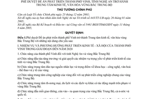Quyết định 239/2005/QĐ-TTg đề án phát triển thành phố Vinh, tỉnh Nghệ An trở thành trung tâm kinh tế, văn hóa vùng Bắc Trung Bộ