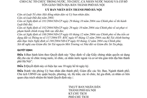 Quyết định 148/2005/QĐ-UB Quy chế cấp Giấy chứng nhận quyền sử dụng đất cho tổ chức trong nước cá nhân nước ngoài cơ sở tôn giáo địa bàn Hà Nội