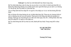 Công văn 13508/BTC-TCT chính sách thuế khoản thu nhập trúng thưởng của cá nhân người nước ngoài khi tham gia các dịch vụ có thưởng