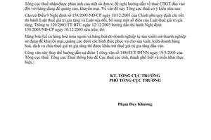 Công văn 3824/TCT-PCCS thuế giá trị gia tăng hàng hóa quảng cáo, khuyến mại