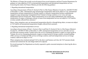 Official Dispatch No. 12987/BTC-TCT regarding value added tax on international