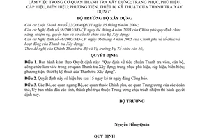 Quyết định 36/2005/QĐ-BXD tiêu chuẩn thanh tra viên, cán bộ, công chức làm việc trang phục, phù hiệu thiết bị kỹ thuật thanh tra xây dựng